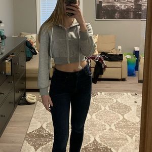 Zip-up Cropped Drawstring Hoodie